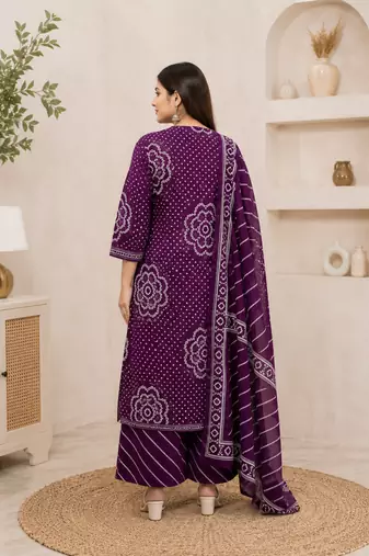 Purple lahariya cotton kurta pant with dupatta