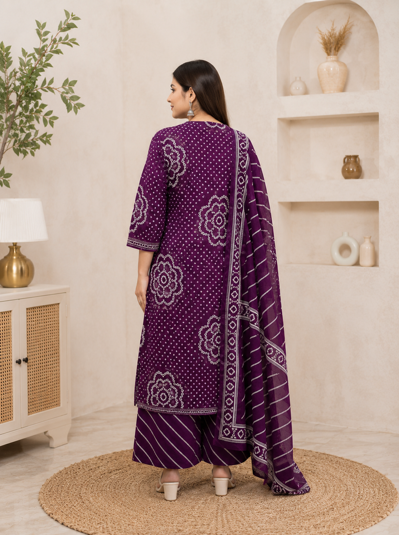 Purple lahariya cotton kurta pant with dupatta