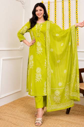 Lime green printed cotton kurta pant with dupatta