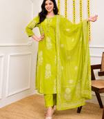 Lime green printed cotton kurta pant with dupatta