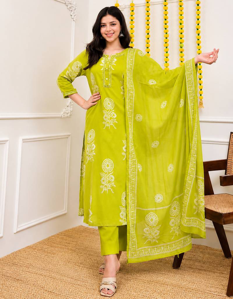 Lime green printed cotton kurta pant with dupatta