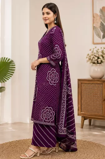 Purple lahariya cotton kurta pant with dupatta