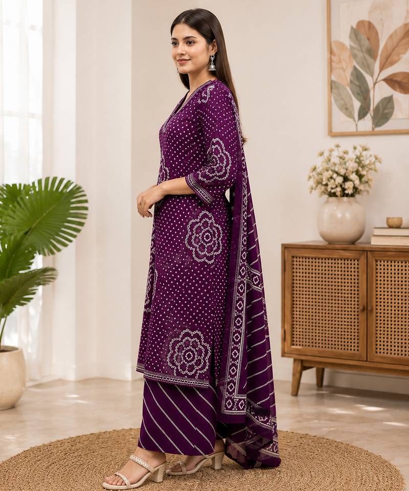 Purple lahariya cotton kurta pant with dupatta