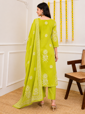 Lime green printed cotton kurta pant with dupatta 2
