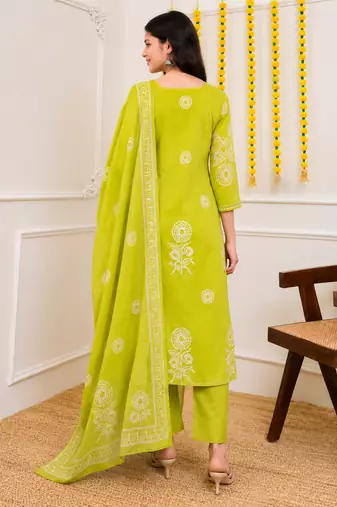 Lime green printed cotton kurta pant with dupatta