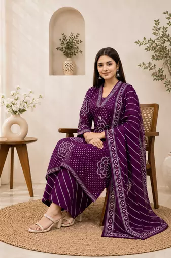 Purple lahariya cotton kurta pant with dupatta