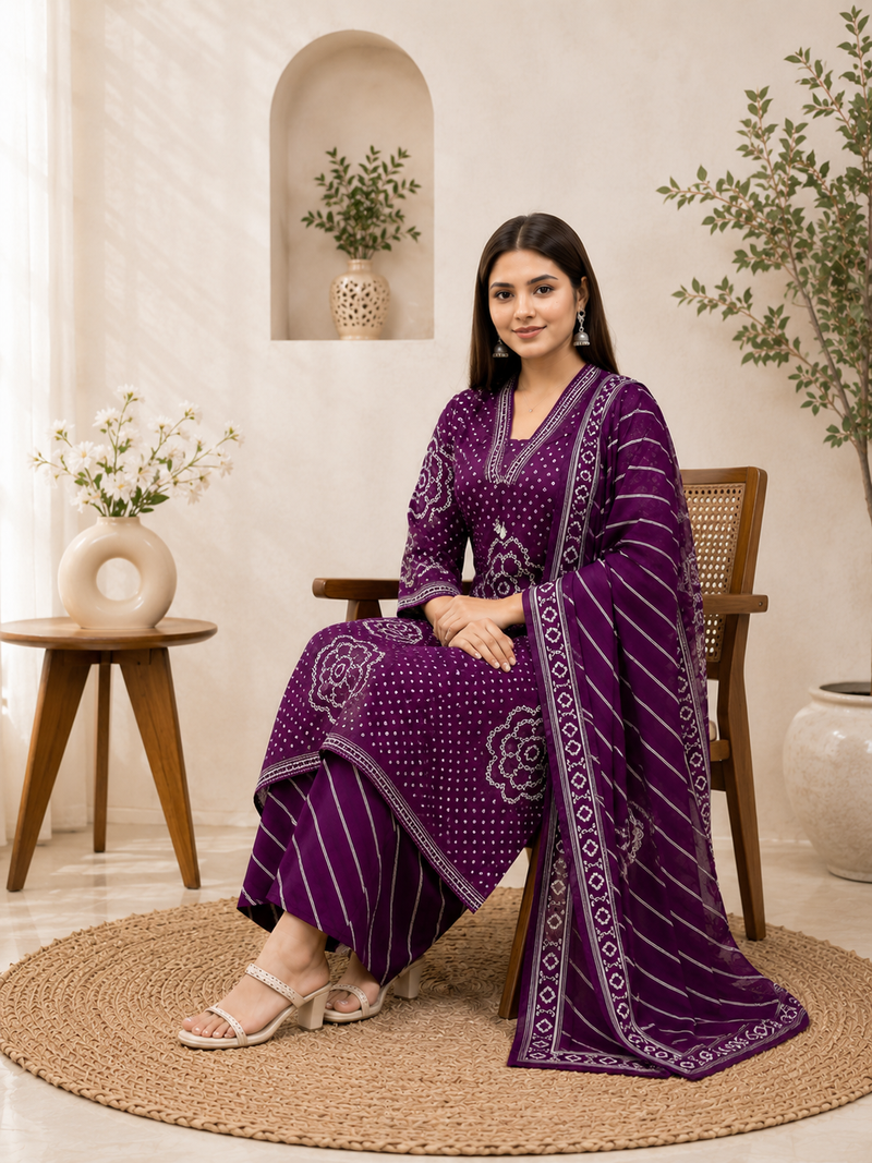 Purple lahariya cotton kurta pant with dupatta
