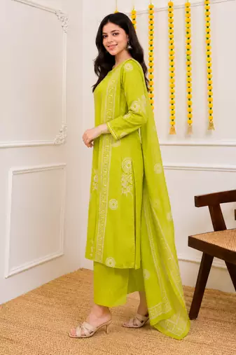 Lime green printed cotton kurta pant with dupatta
