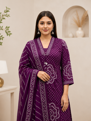 Purple lahariya cotton kurta pant with dupatta 5