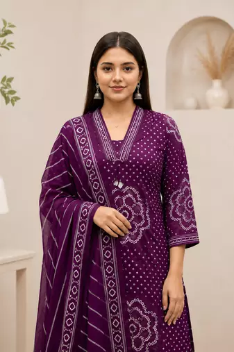 Purple lahariya cotton kurta pant with dupatta