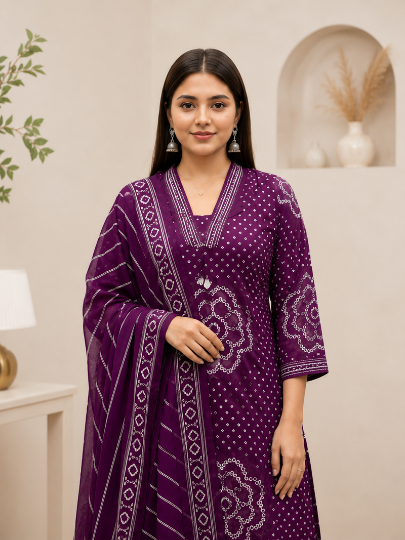 Purple lahariya cotton kurta pant with dupatta