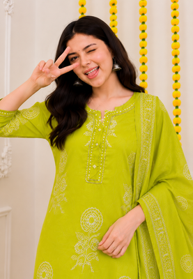 Lime green printed cotton kurta pant with dupatta 4