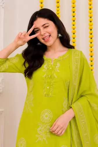 Lime green printed cotton kurta pant with dupatta