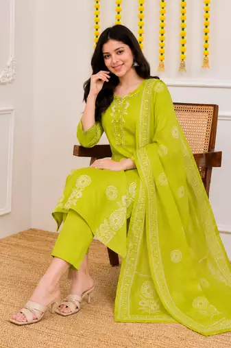 Lime green printed cotton kurta pant with dupatta