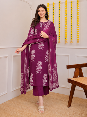 Magenta printed cotton kurta pant with dupatta 1