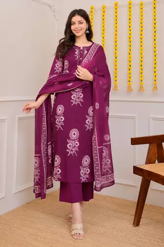 Magenta printed cotton kurta pant with dupatta