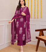 Magenta printed cotton kurta pant with dupatta