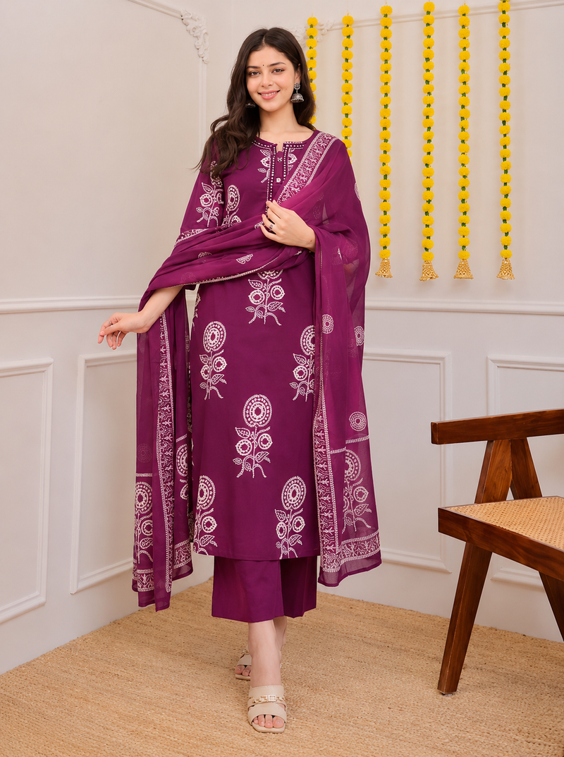 Magenta printed cotton kurta pant with dupatta