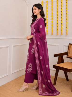Magenta printed cotton kurta pant with dupatta 3