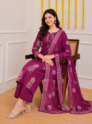 Magenta printed cotton kurta pant with dupatta 4