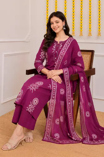 Magenta printed cotton kurta pant with dupatta