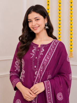Magenta printed cotton kurta pant with dupatta 5