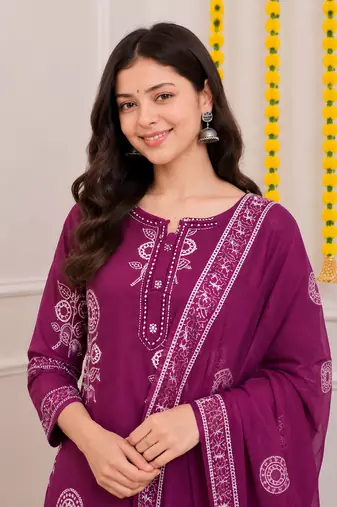 Magenta printed cotton kurta pant with dupatta