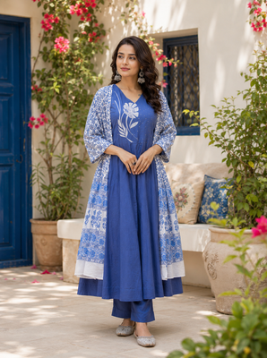 Blue printed cotton kurta pant with dupatta 1