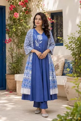 Blue printed cotton kurta pant with dupatta