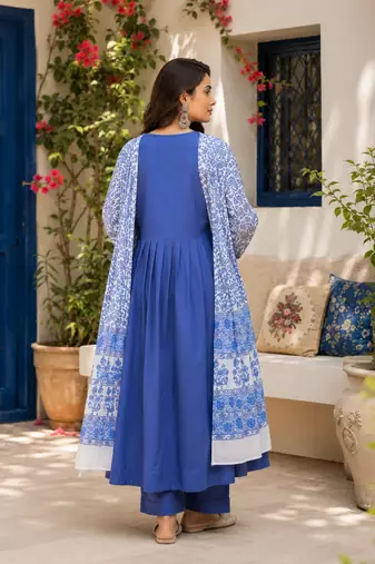 Blue printed cotton kurta pant with dupatta
