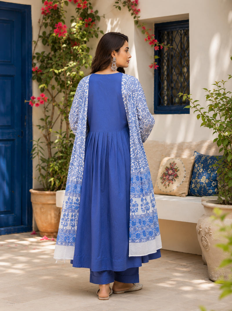 Blue printed cotton kurta pant with dupatta