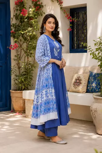 Blue printed cotton kurta pant with dupatta