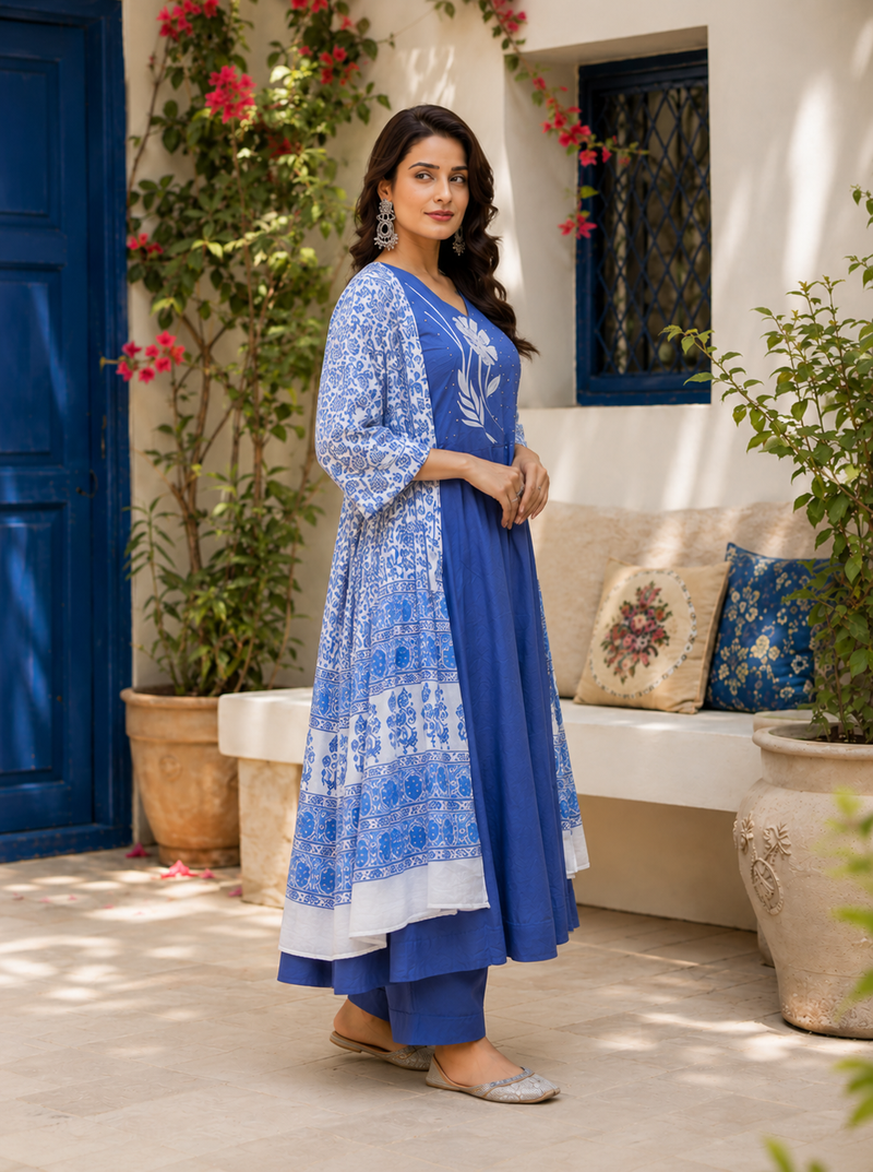 Blue printed cotton kurta pant with dupatta