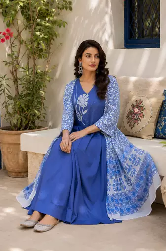 Blue printed cotton kurta pant with dupatta
