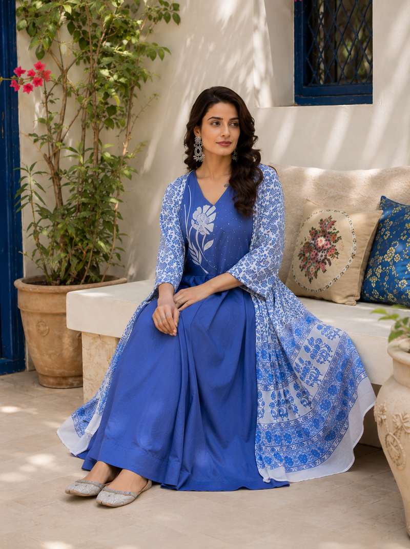 Blue printed cotton kurta pant with dupatta