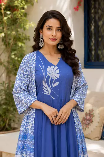 Blue printed cotton kurta pant with dupatta