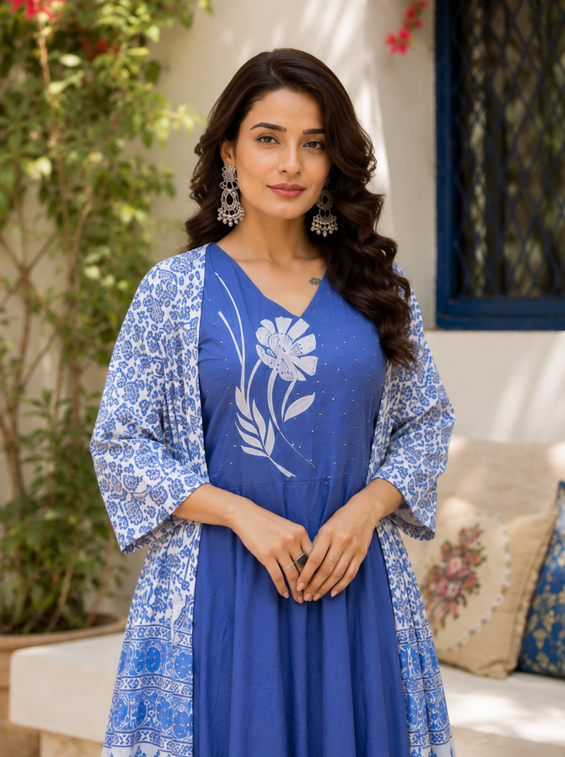 Blue printed cotton kurta pant with dupatta