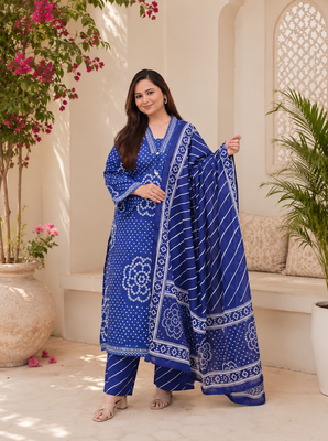 Royal blue lahariya cotton kurta pant with dupatta 1