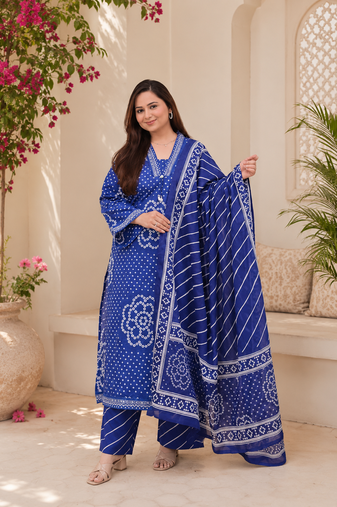 Royal blue lahariya cotton kurta pant with dupatta