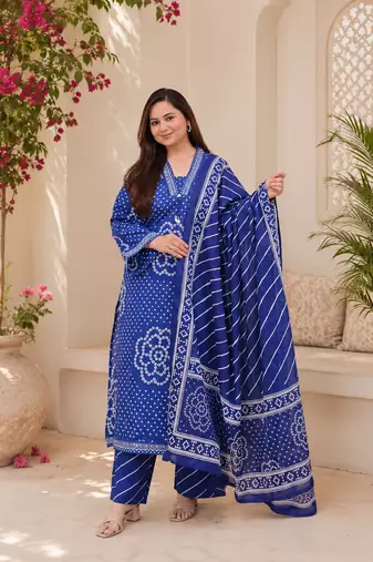 Royal blue lahariya cotton kurta pant with dupatta