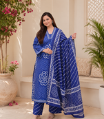 Royal blue lahariya cotton kurta pant with dupatta