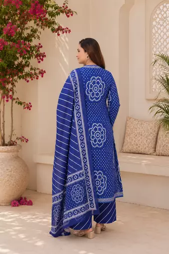 Royal blue lahariya cotton kurta pant with dupatta