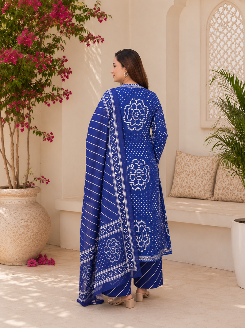 Royal blue lahariya cotton kurta pant with dupatta