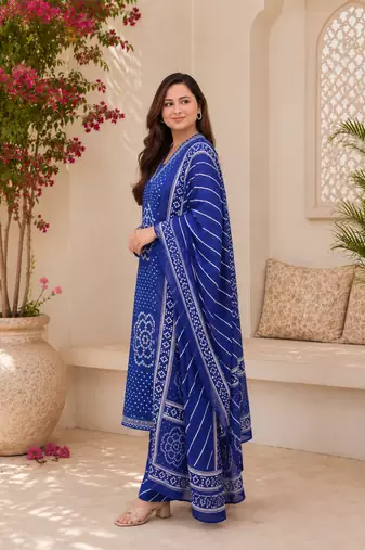 Royal blue lahariya cotton kurta pant with dupatta