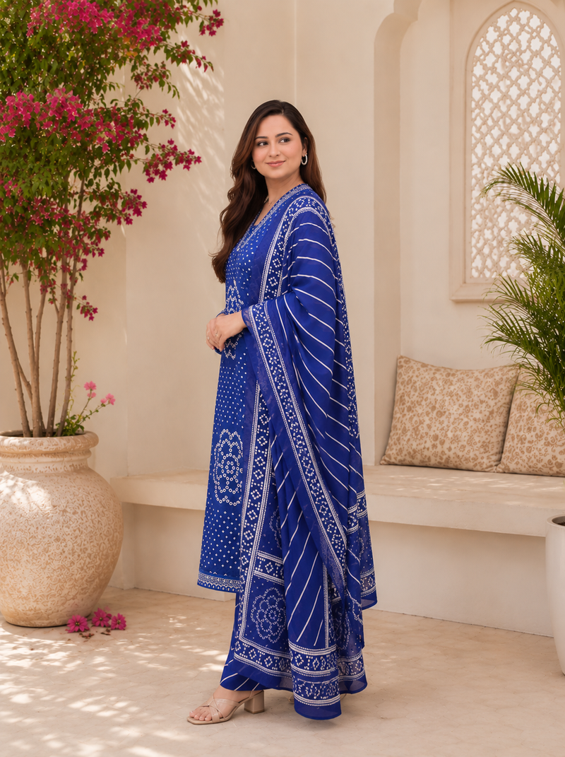 Royal blue lahariya cotton kurta pant with dupatta