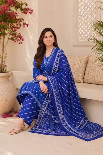 Royal blue lahariya cotton kurta pant with dupatta