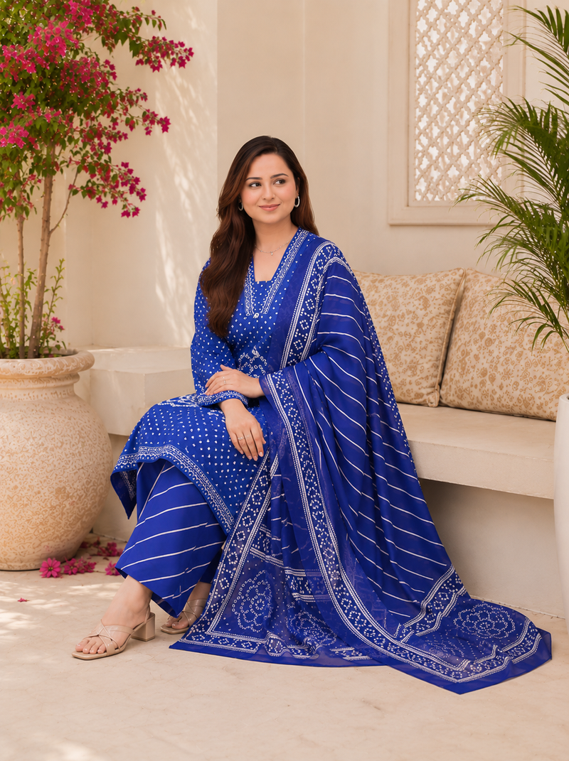 Royal blue lahariya cotton kurta pant with dupatta