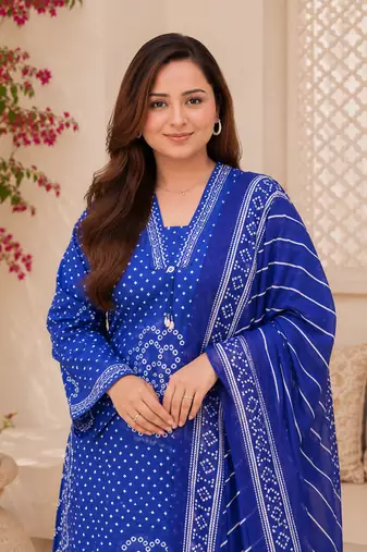 Royal blue lahariya cotton kurta pant with dupatta