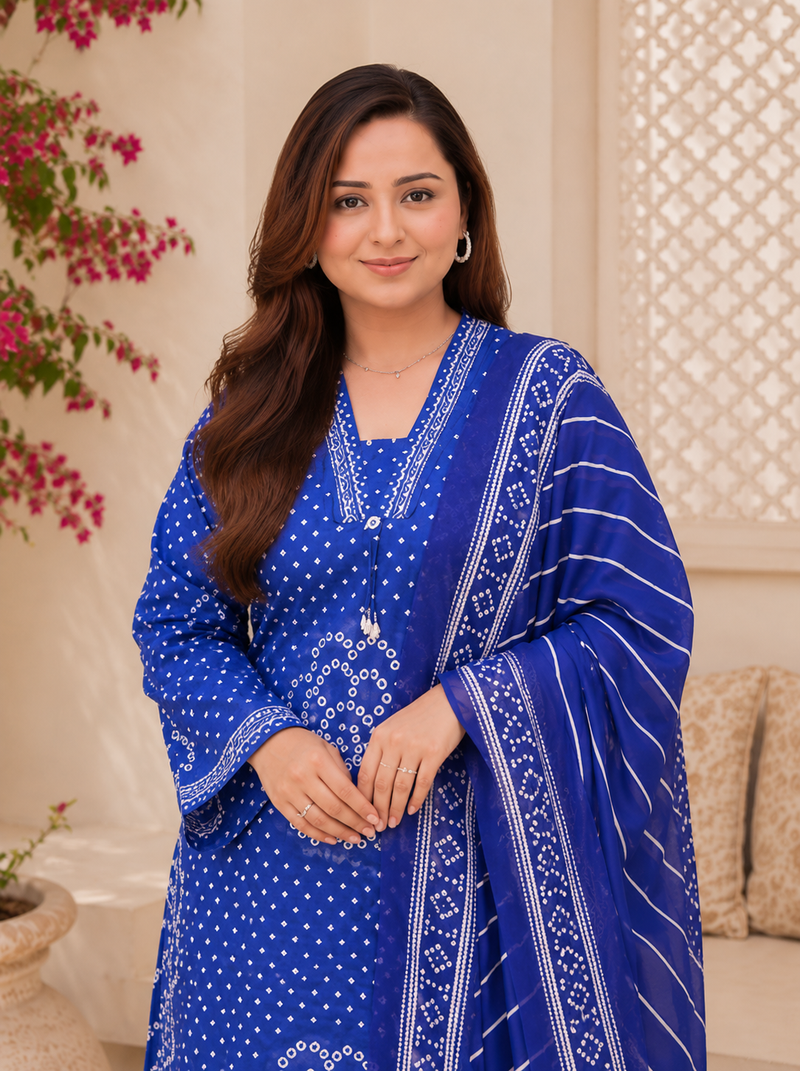 Royal blue lahariya cotton kurta pant with dupatta