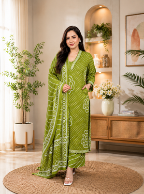 Olive green lahariya cotton kurta pant with dupatta 1
